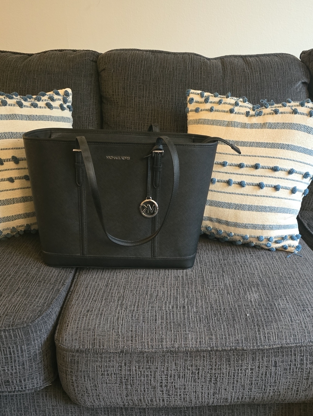 Michael Kors Jet Set Black Saffiano Tote with Silver Logo Charm
